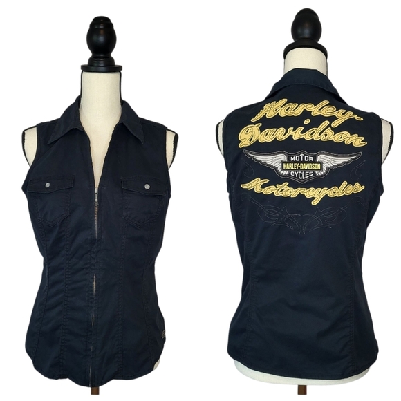 Harley-Davidson Tops - Harley-Davidson Top Black Embroidered Back Sleeveless Zipper Front Size M